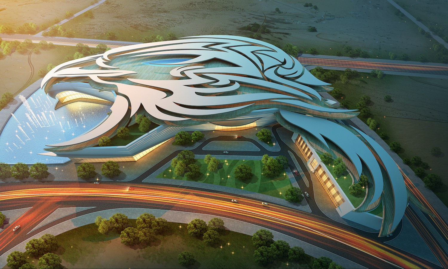 shopping mall building with green landscape